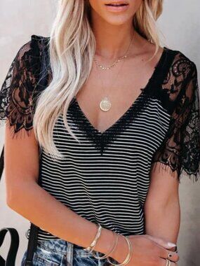 VICI Lace Sleeve Striped Blouse Black White VNeck Coquette French Girl Aesthetic